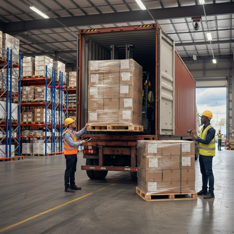 3PL workers unloading and inspecting full container shipments