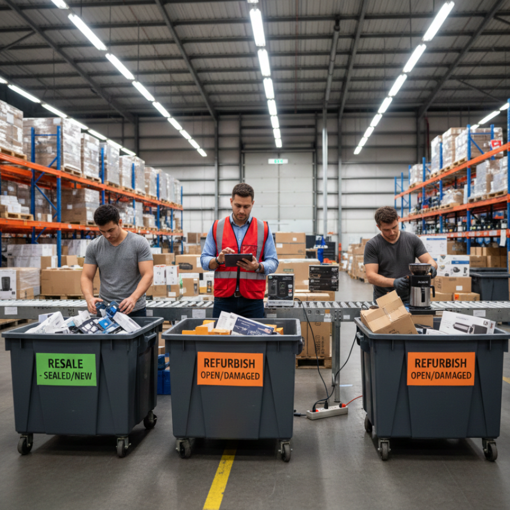 3PL team inspecting and reworking holiday returns inventory in Q1